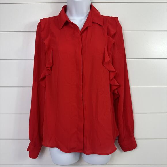 ASOS Ruffle Button Front Long Sleeve Blouse Shirt Red sz 6 - Picture 1 of 8